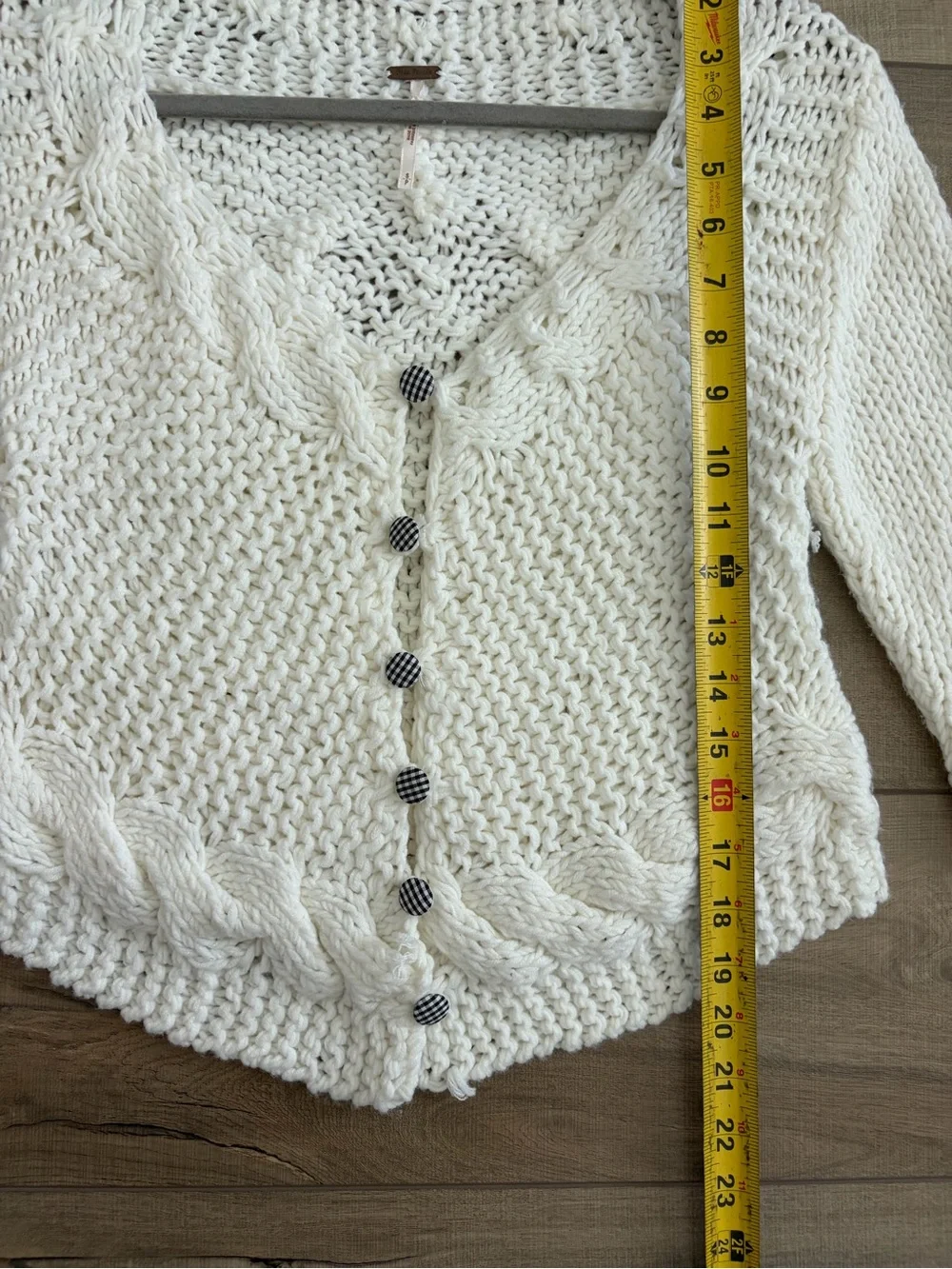 Free People Off White Cable Knit Gingham Button Down Cropped Boho Cardigan S
